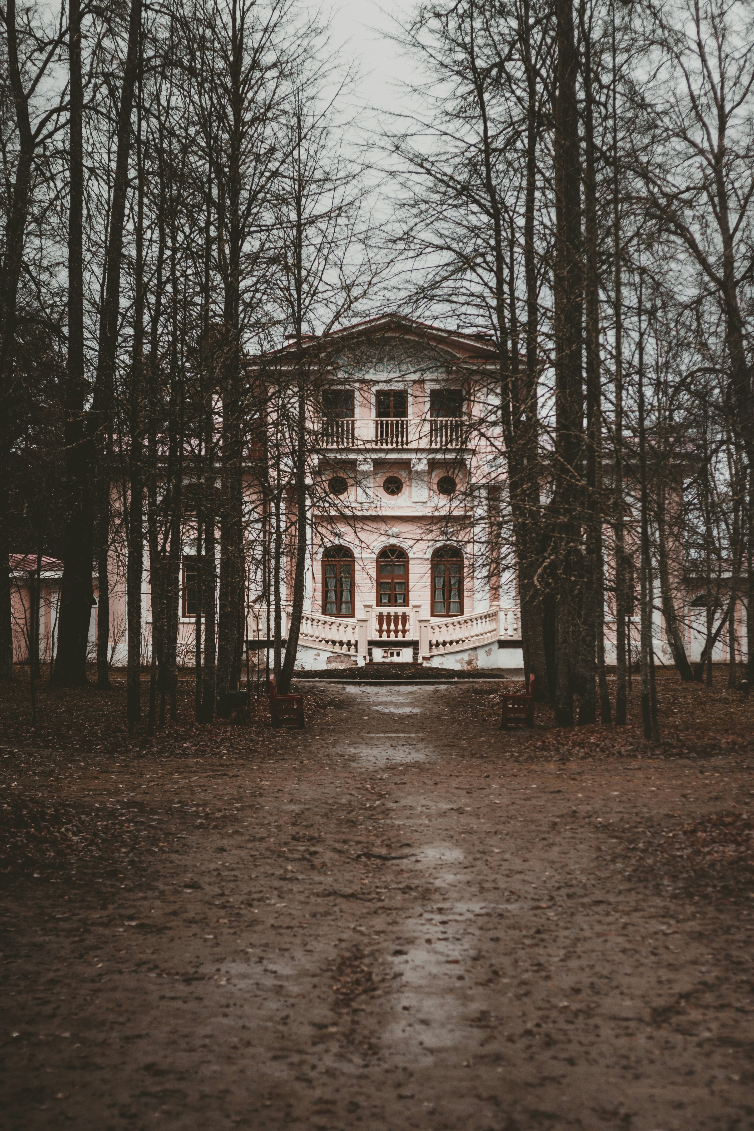 Pictue of a creepy manorhouse in surrounded by trees without leaves